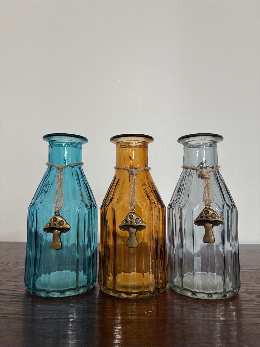 NWT- Set of 3- Decorative Glass Bottle Vases -w/ Gold Mushroom Charm Accents